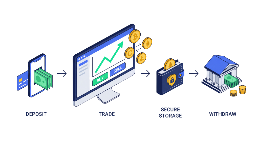 Portal workflow: Deposit, Trade, Secure Storage, Withdraw