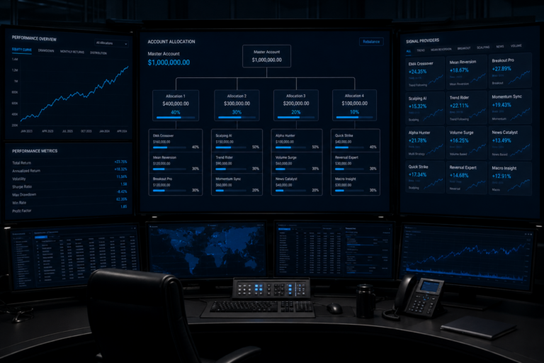 Broker copy trading platform control room showing PAMM allocation tree and signal provider marketplace dashboard