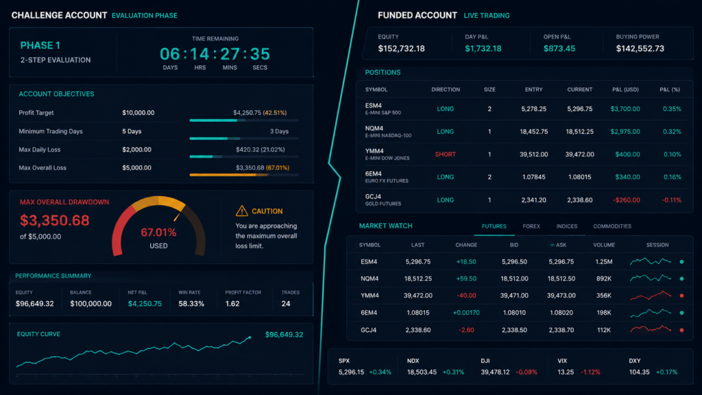 Prop trading firm technology architecture showing challenge account and live funded account infrastructure split