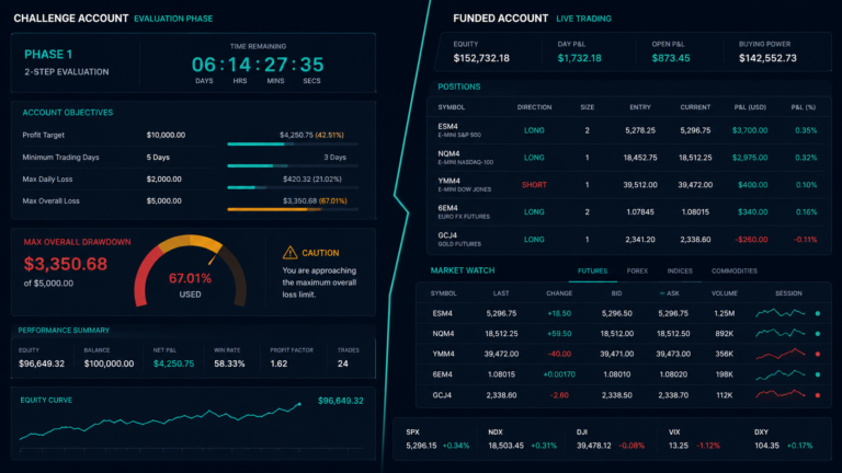 Prop trading firm technology architecture showing challenge account and live funded account infrastructure split