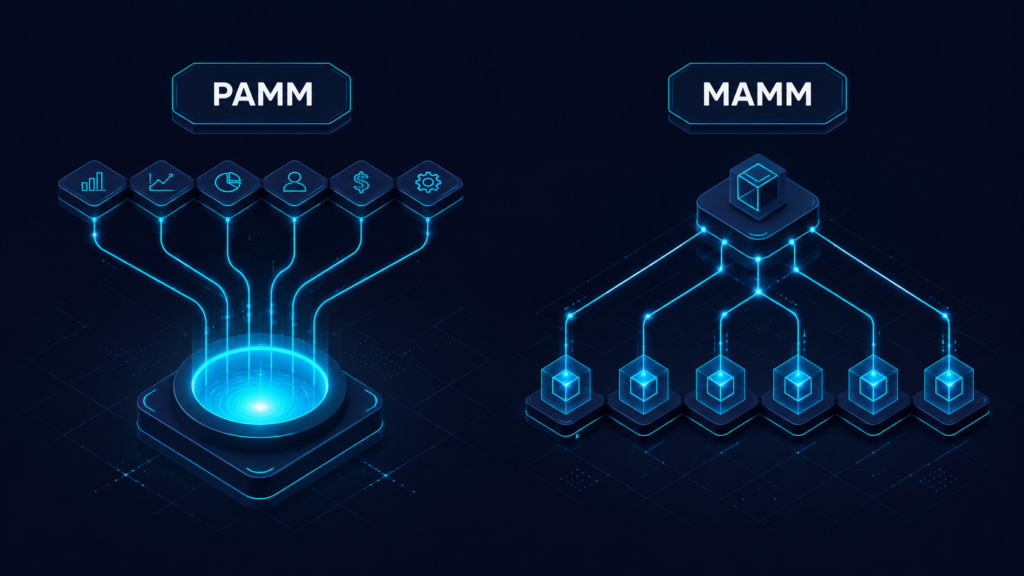 PAMM vs MAMM broker managed account architecture comparison diagram