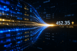 Abstract visualization of a forex price engine aggregating multiple liquidity provider feeds into a single real-time tradable price stream