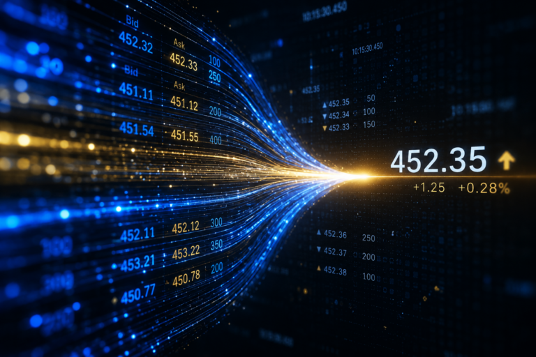 Abstract visualization of a forex price engine aggregating multiple liquidity provider feeds into a single real-time tradable price stream