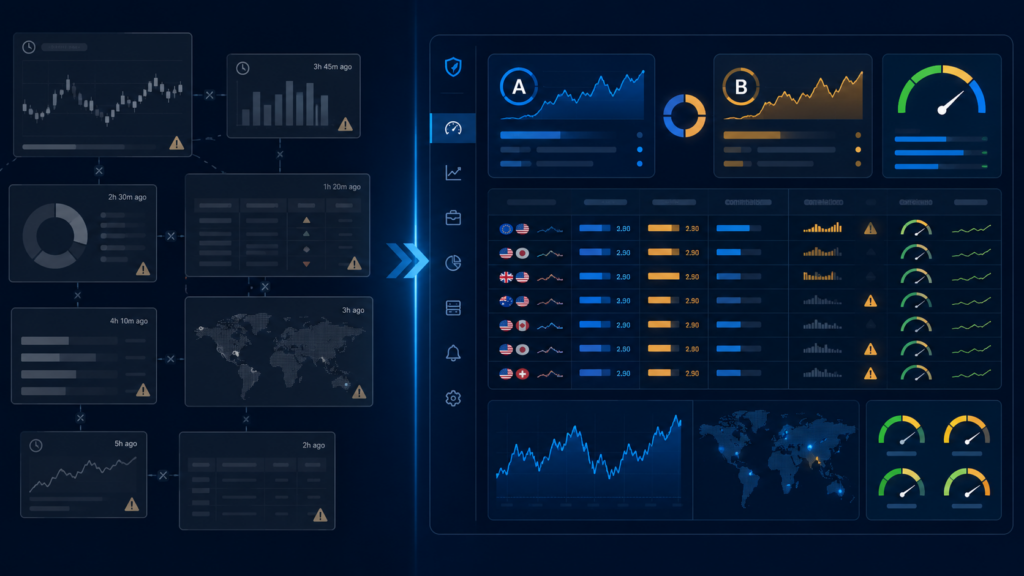 Split dashboard comparing fragmented risk reporting against unified real-time forex broker risk management monitoring