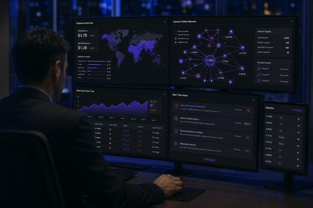 Risk analyst reviewing AI-based pattern detection dashboard across multiple monitors