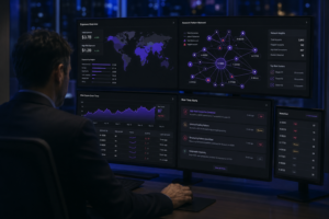 Risk analyst reviewing AI-based pattern detection dashboard across multiple monitors