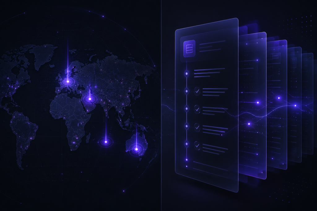 Abstract illustration of global jurisdiction markers and layered compliance audit trail documents in dark purple and navy tones