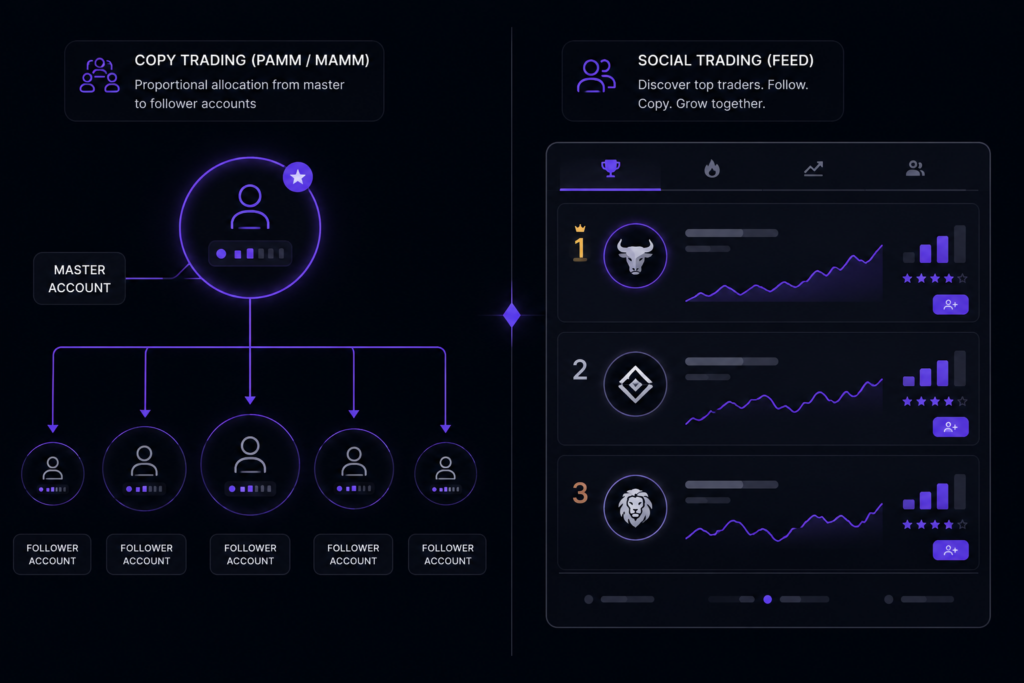 Split diagram comparing copy trading allocation structure and social trading leaderboard feed for brokers