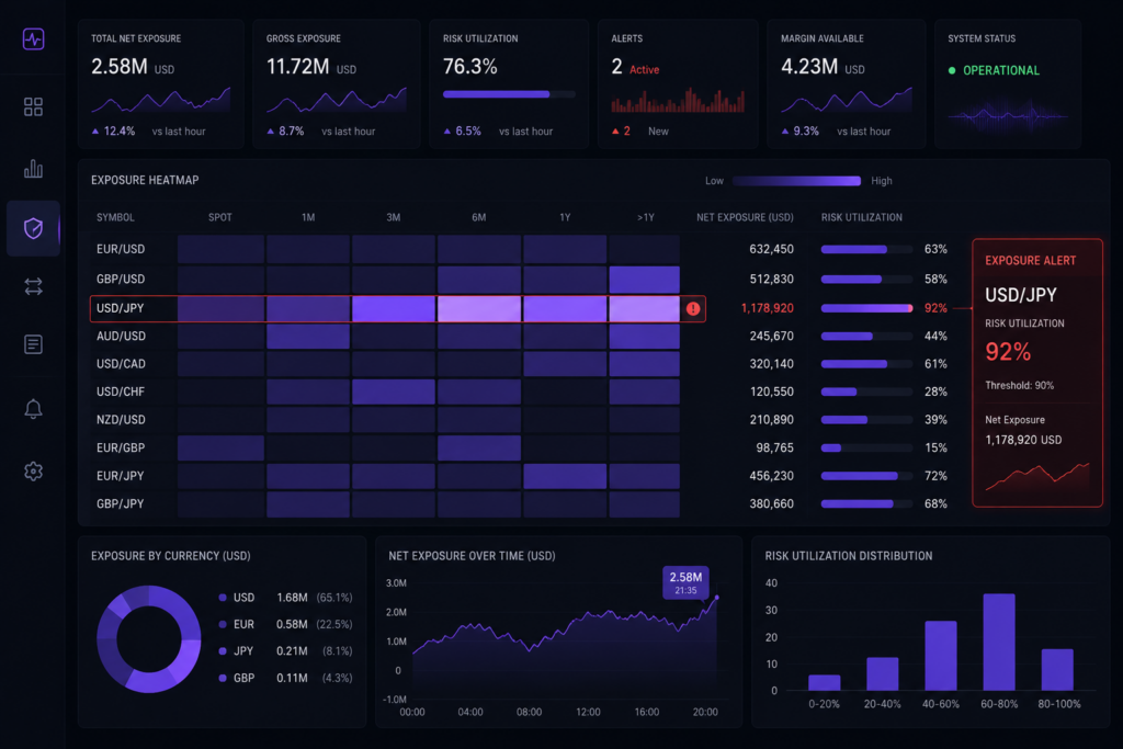Real-time forex broker risk management dashboard showing exposure monitoring across currency pairs