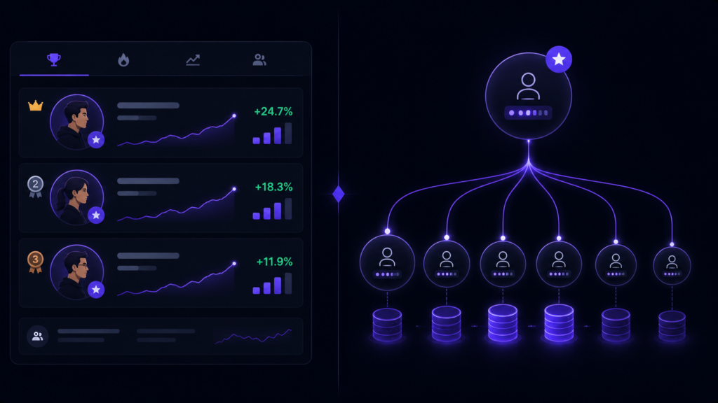 Diagram comparing a social trading leaderboard interface with a copy trading allocation network showing a master account distributing trades to follower accounts