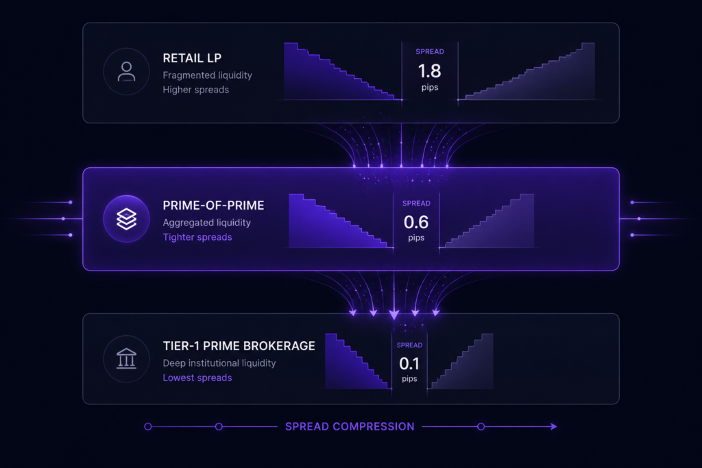 Diagram showing how prime-of-prime liquidity bridges retail brokers and Tier-1 institutional liquidity providers