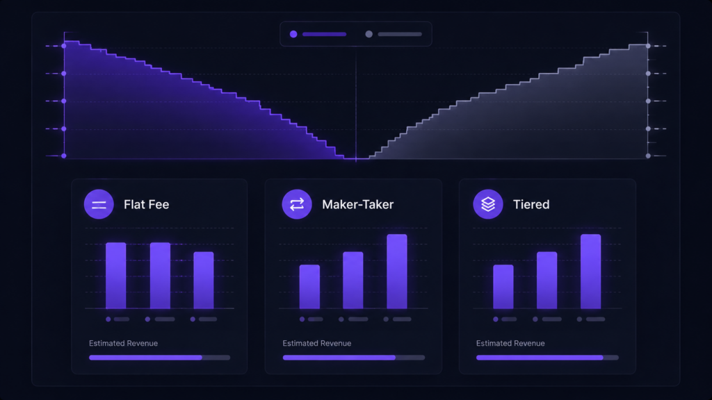 Comparison chart illustrating revenue differences between maker-taker, flat rate, and tiered crypto exchange fee models