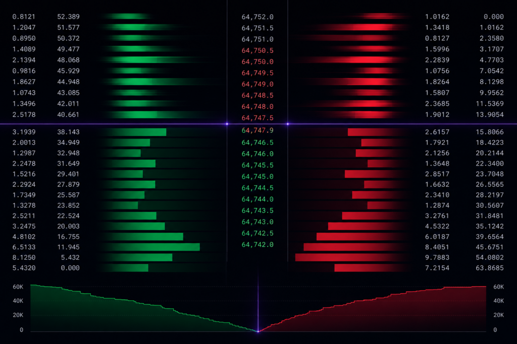 Crypto exchange order book showing bid and ask depth during a volatility spike, illustrating matching engine throughput under load