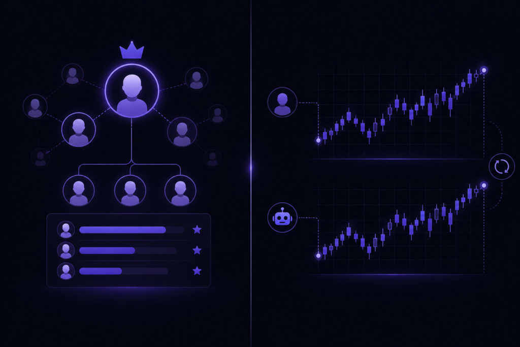 Split illustration comparing social trading follower networks with copy trading's mirrored automatic execution